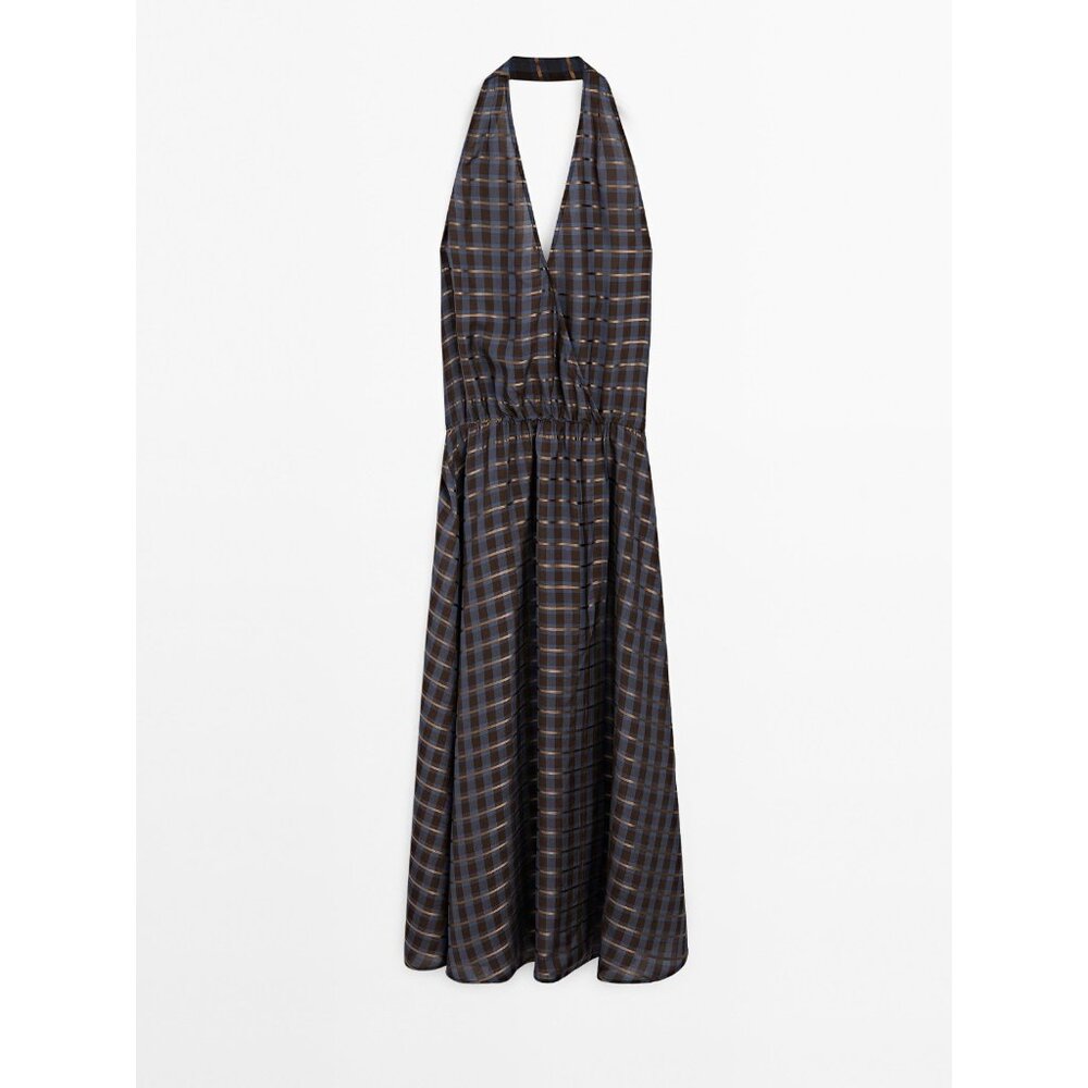 Massimo Dutti Womens Dress EU 38
US 6 Plaid Halter Neck Blue Brown NWT - Picture 4 of 15